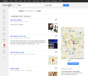 Screenshot: Suche nach Hotels in Graz auf Google+