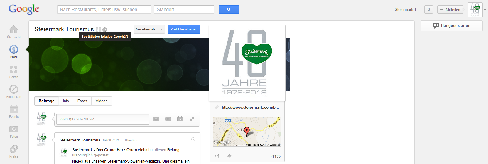 Die Verknüpfung des Google+ Local (früher Google Places) Eintrages mit der Google+ Seite ist nun bestätigt!