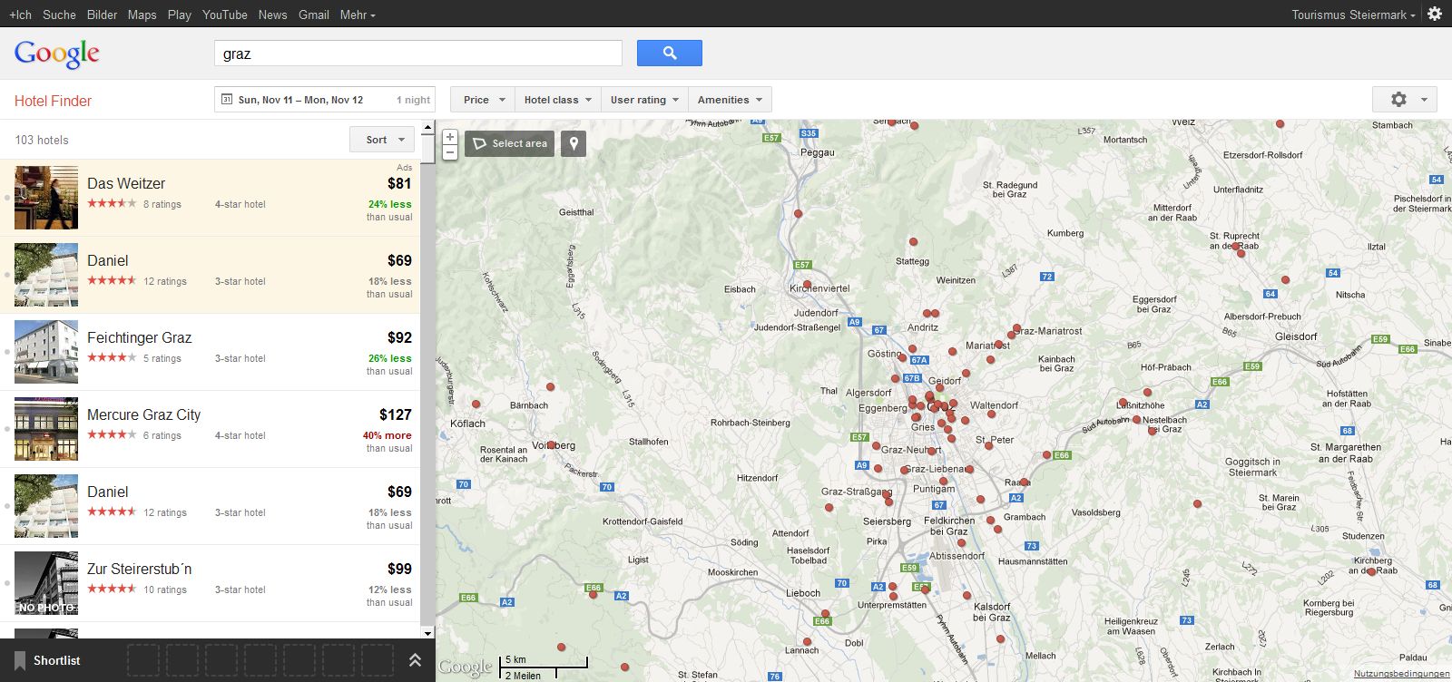 Screenshot: Google Hotel Finder