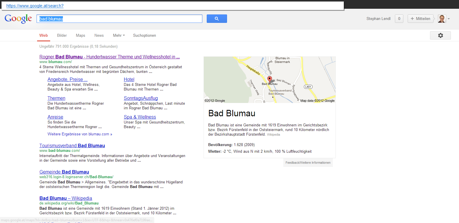 Screenshot www.google.at: Suche nach Bad Blumau - Weiter geht es mit den Orten; bis jetzt vor allem umkämpft von der Gemeinde und dem Tourismusverband.