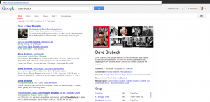 Screenshot www.google.at: Suche nach Dave Brubeck - Aktuelle News (z.B. zum heute verstorbenen Dave Brubeck) scheinen nicht (generell) integriert zu sein.