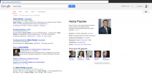 Screenshot www.google.at: Suche nach Heinz Fischer - Politker und Personen sind erwartungsgemäß schon vertreten.