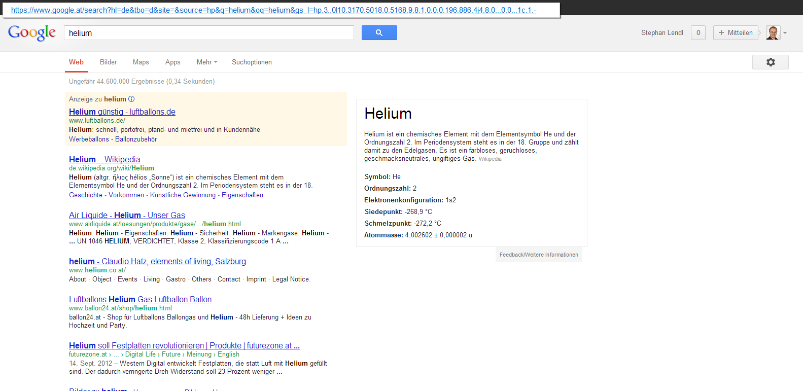 Screenshot www.google.at: Suche nach Helium - Chemische Elemente und andere strukturierte Daten sind auch zu finden.
