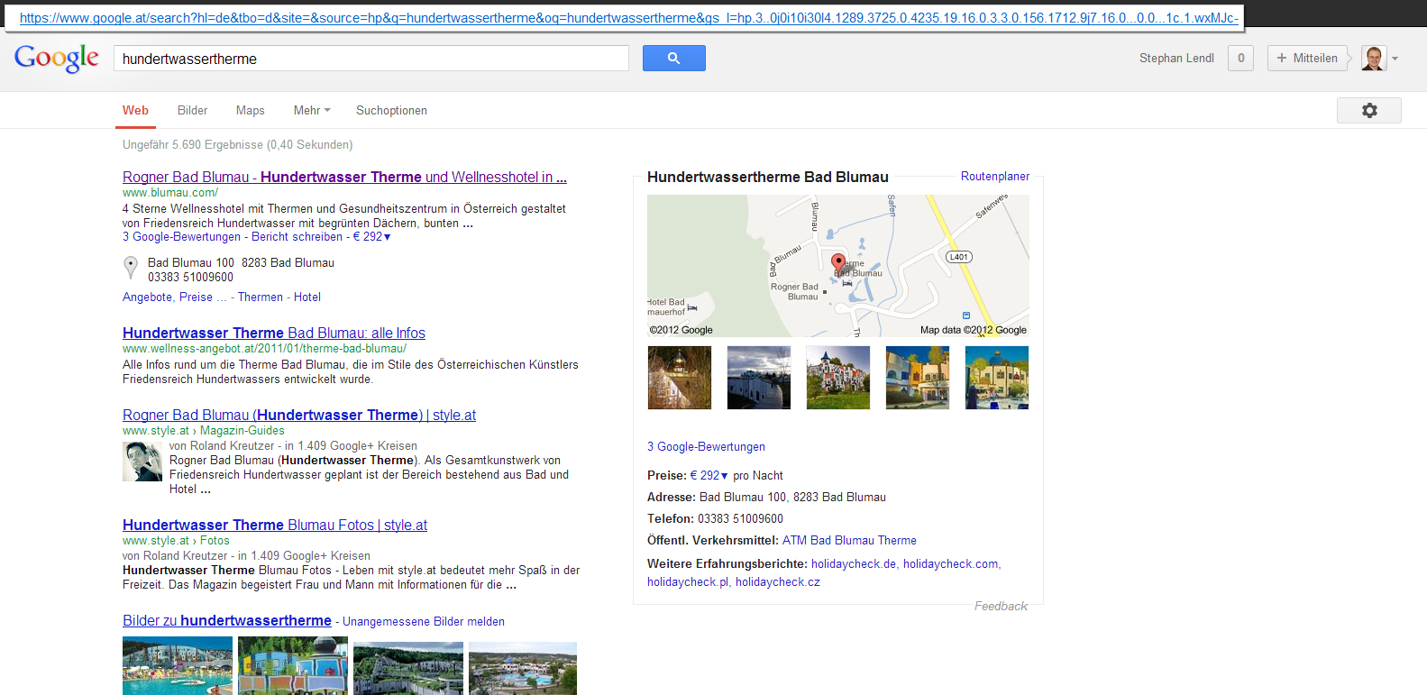 Screenshot www.google.at: Suche nach Hundertwassertherme - Google+ Local Einträge sehen überraschend ähnlich aus. Größter Unterschied auf den ersten Blick sind die Bewertungen und der optisch abweichende Feedback-Link.