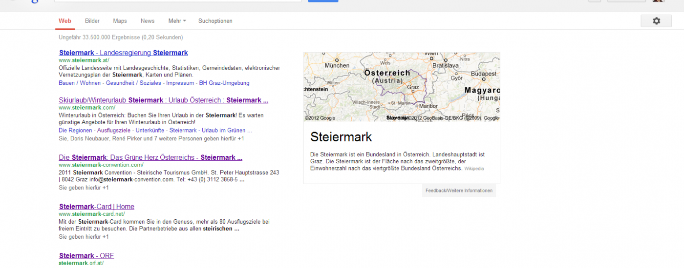 Screenshot www.google.at: Suche nach Steiermark - Destination sollten die Entwicklung generell - und die Besucher über "branded Keywords" im Speziellen - im Auge behalten.